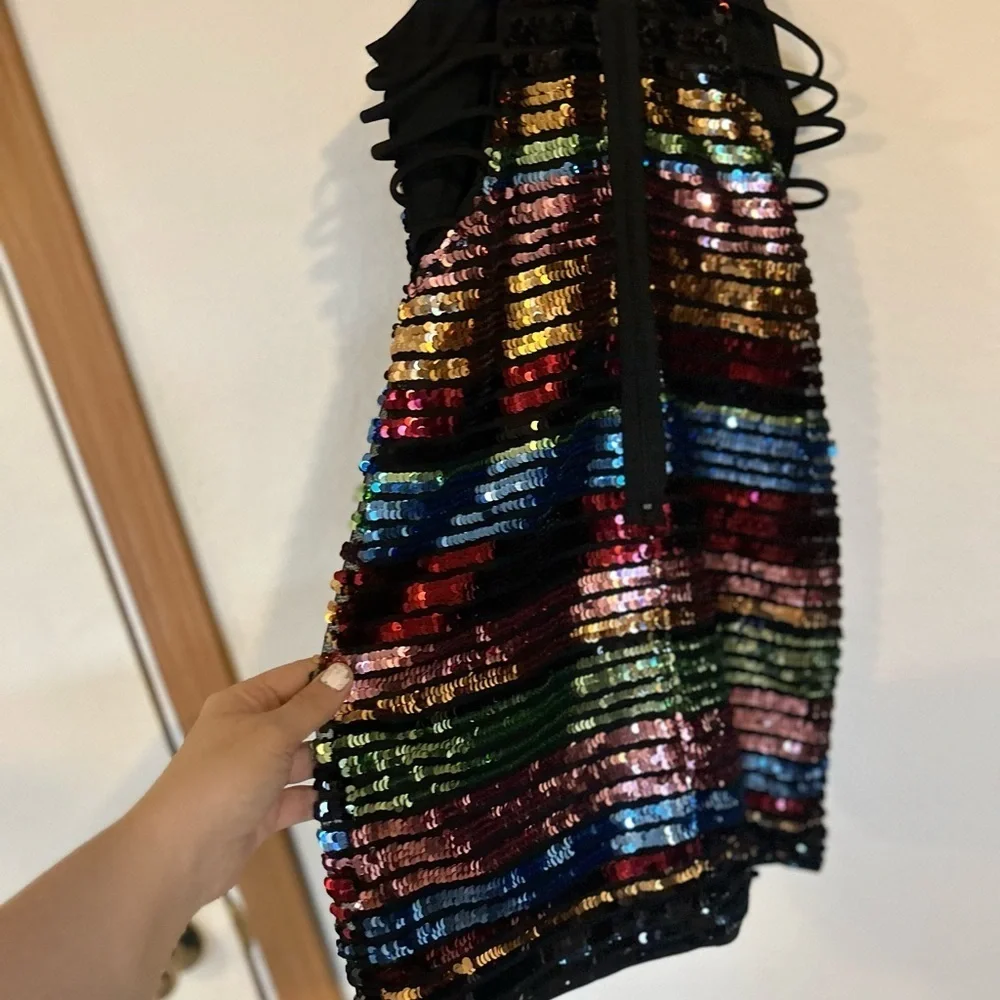 Privy Medium Sexy Party/Holiday Multicolor Sequin Striped Dress Side Cutouts